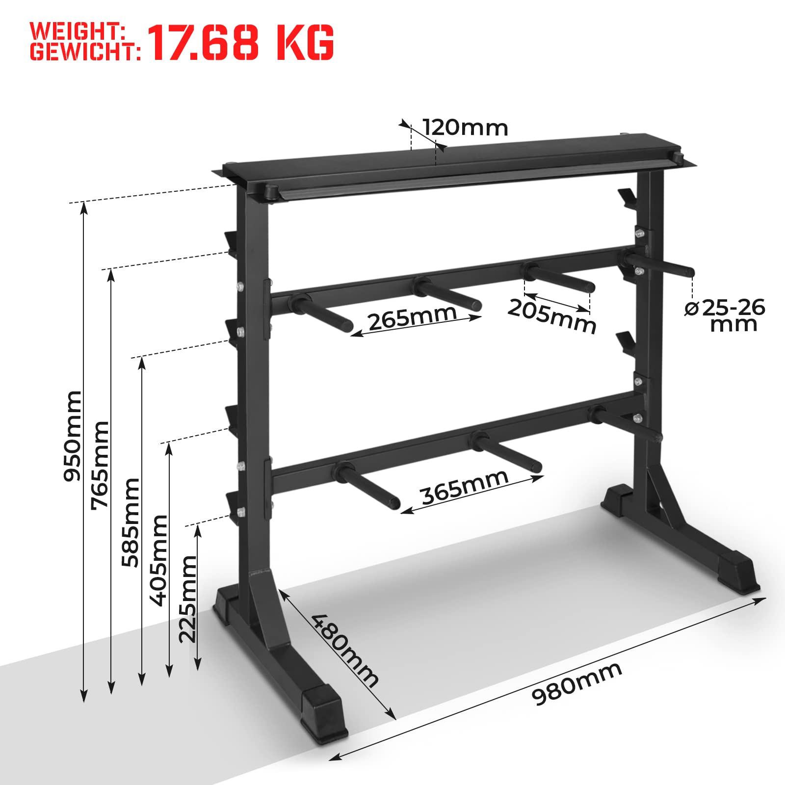 Physionics® Hantelablage - Ø 25 mm, max. 300kg, 3 Ebenen, Grau/Schwarz, Stahl - Hantelständer, Kurzhantelständer, Langhantelständer, Hantelscheibenständer, Kurzhanteln