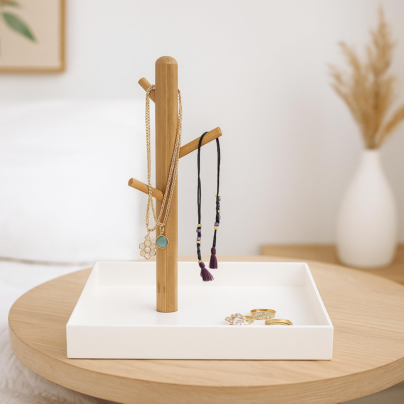 APOMOONS Bandeja para llaves con 3 niveles, soporte para joyas de madera Bandejas para joyas Almacenamiento de llaves para mesa de entrada para tocador de maquillaje Baño Salón (20 x 20 x 18,7 cm)