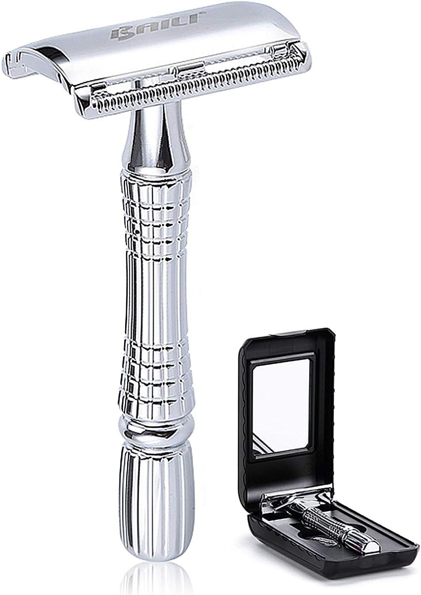 Classic 3-Piece Double Edge Safety Razor Wet Shaving for Men Women with Platinum Blade and Mirrored Travel Case BD176