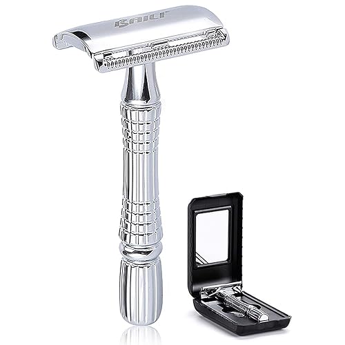 BAILI Afeitado húmedo clásico de 3 piezas de doble filo para hombres y mujeres con hoja de platino y estuche de viaje con espejo BD176