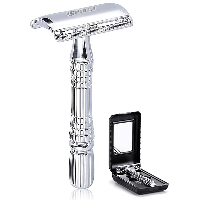 BAILI Classic 3-Piece Double Edge Safety Razor Wet Shaving for Men Women with Platinum Blade and Mirrored Travel