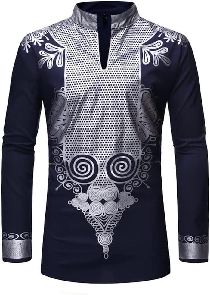 YANKIA Mens African Printed Dashiki Traditional Shirt Stick Collar Clothing Long Sleeve Slim Fit Attire Dress (Color : Black, Size : X-Large)