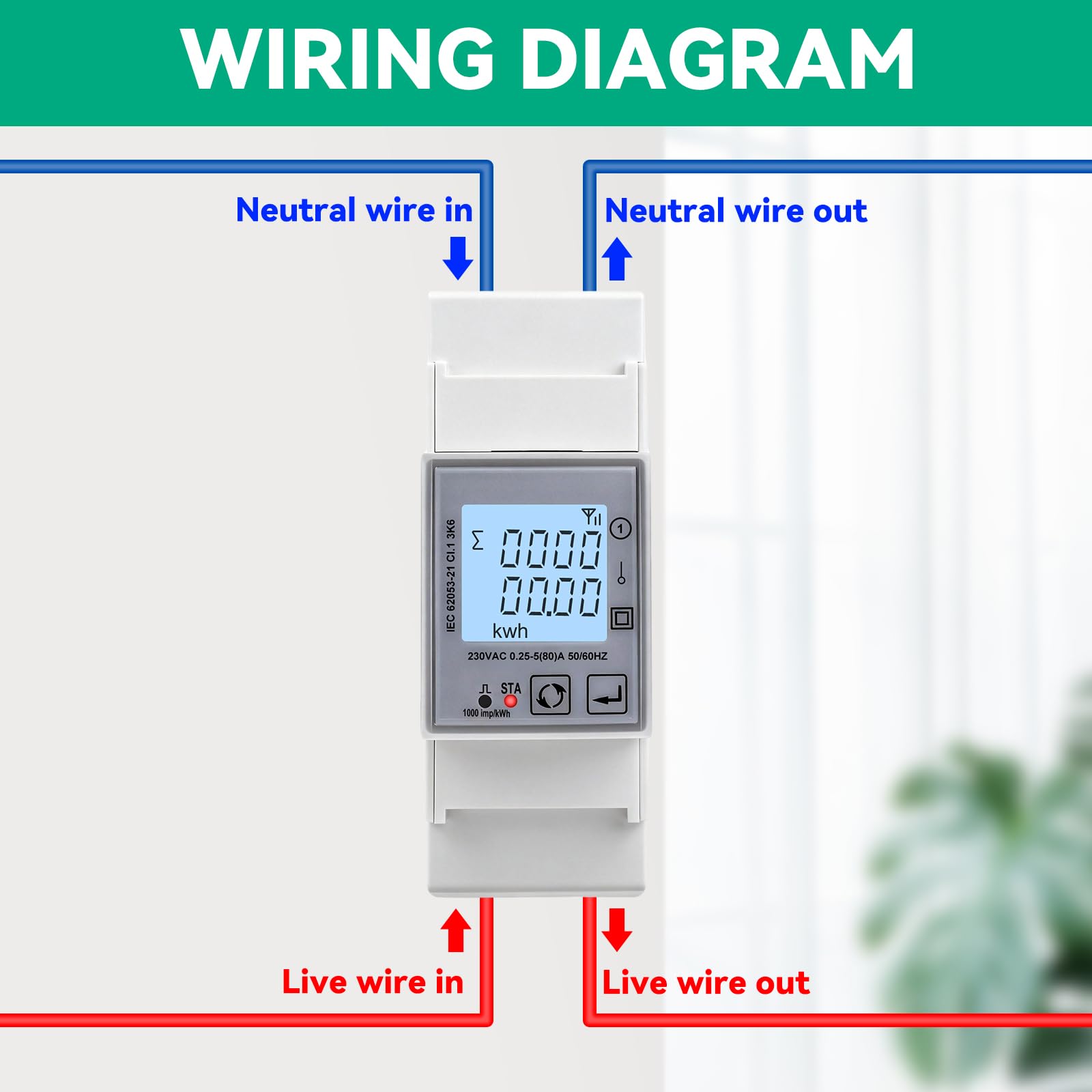 TUYA inteligentny licznik prądu z szyną elektryczną, 80 A, 1-fazowy, LCD, cyfrowy licznik prądu AC230 V, 1000 imp/kWh, dwukierunkowy pomiar i zabezpieczenie przed przepięciem DAC2120C