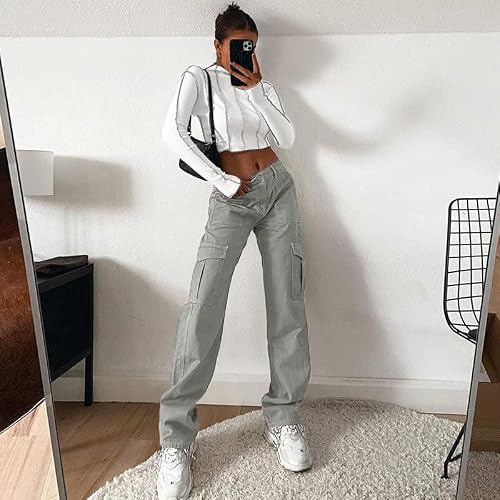 Lepunuo Cargo Pants for Women High Waisted Casual Pants Baggy Stretchy Wide Leg Y2K Streetwear with 6 Pockets Silver Gray — view 5