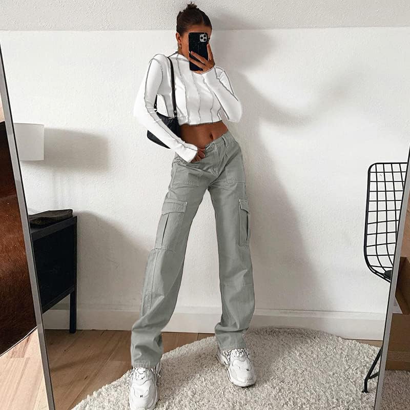 Image of Lepunuo Cargo Pants for Women High Waisted Casual Pants Baggy Stretchy Wide Leg Y2K Streetwear with 6 Pockets