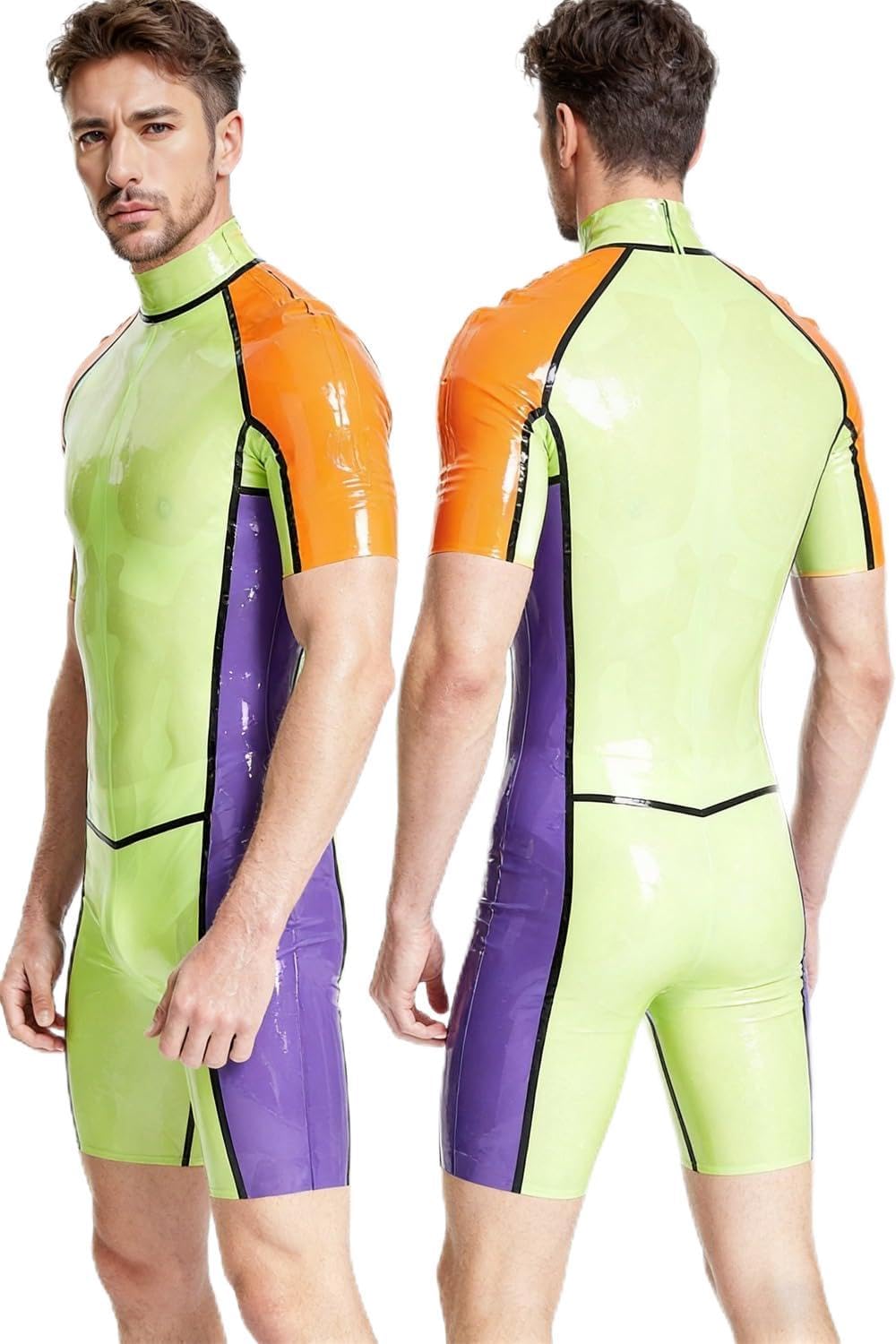 Rubber Mens Bodysuit Costumes Green Orange Purple Color Block Short Sleeve Mock Neck Zip Up
