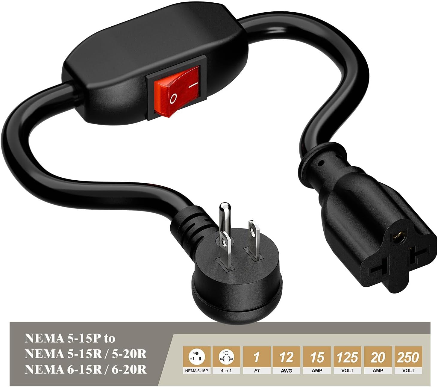 4-in-1 Heavy Duty On/Off Switch Extension Cord 12-AWG 15A Household Plug to 20A T Blade Adapter Cable with Heavy Duty 23A 125V Inline Switch, 1FT,AC0035