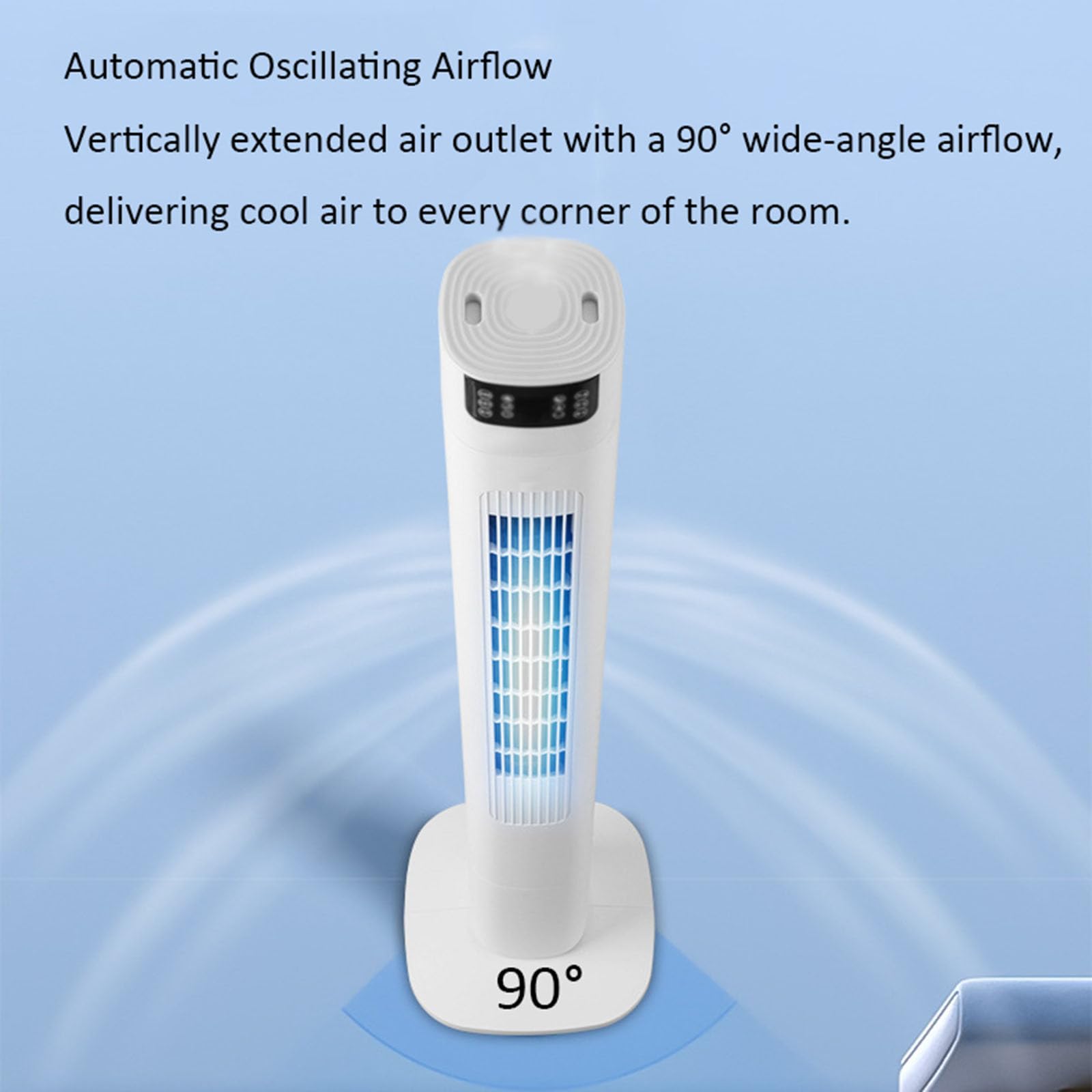 Ventilador con pie,silencioso torre aire con mando (90cm) | 3 velocidades, temporizador 2/4/8h, luz LED, depósito agua 600ml, para hogar, oficina y dormitorios estudiantiles