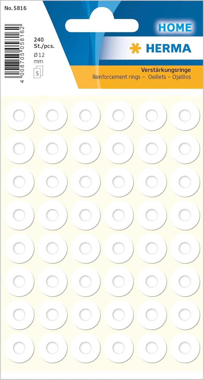 HERMA Hole Reinforcement Rings White, 240 Labels, Ø 12 mm, 48 Labels per Sheet, Self Adhesive Hole Reinforcer Stickers, Sticky Hole Punch Reinforced Ring Stickers