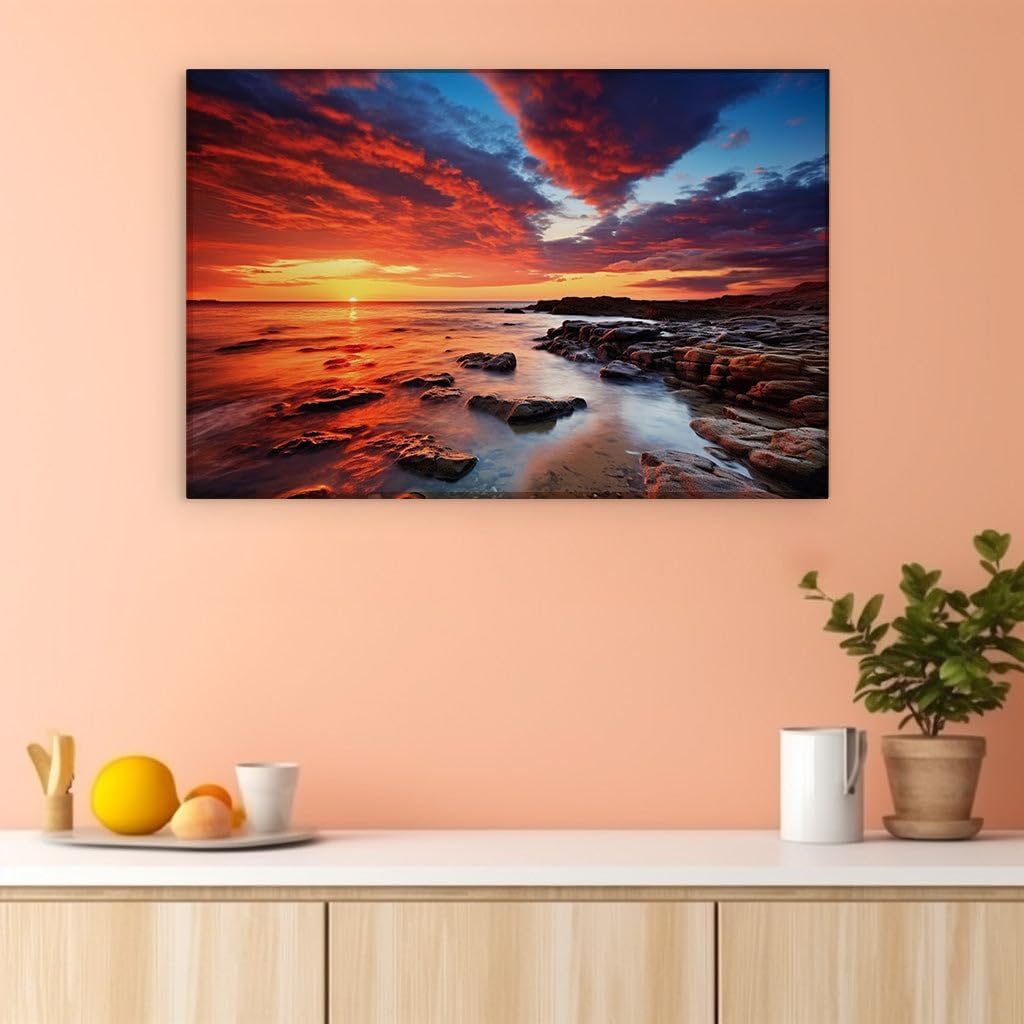 Canvas for Living room. Sunset Serenade: A Tapestry of Fiery Skies and Tranquil Waters, 27 x 18 inch Canvas Wall Art - Contemporary Masterpieces - Modern Home Decor
