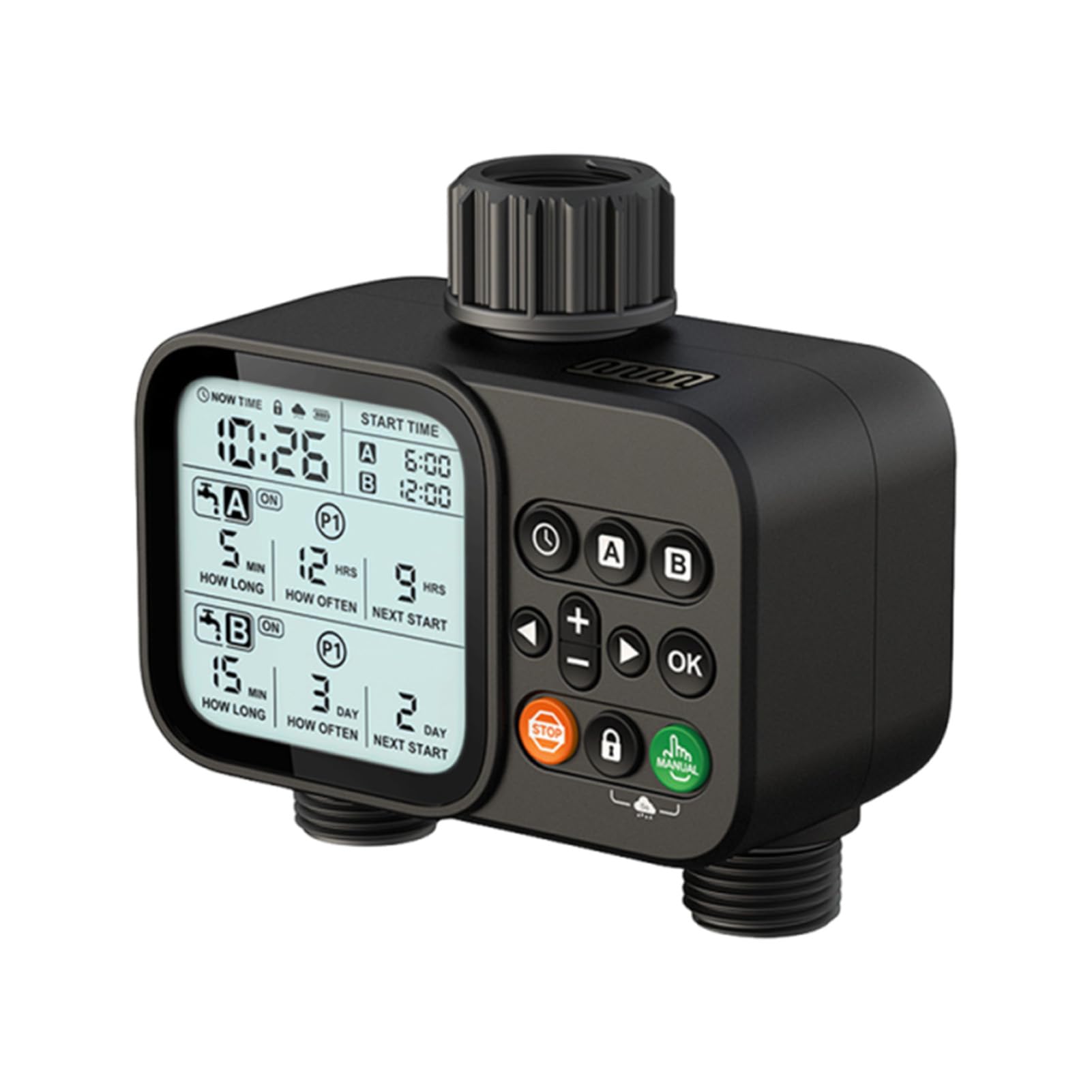 CHICIRIS di Irrigazione Automatica Programmabile con Tubo da Giardino, di Irrigazione Automatica Programmabile a 2 Zone con Ampio Display LCD da 3,3 Pollici per Piante da Esterno, Prati e Giardini