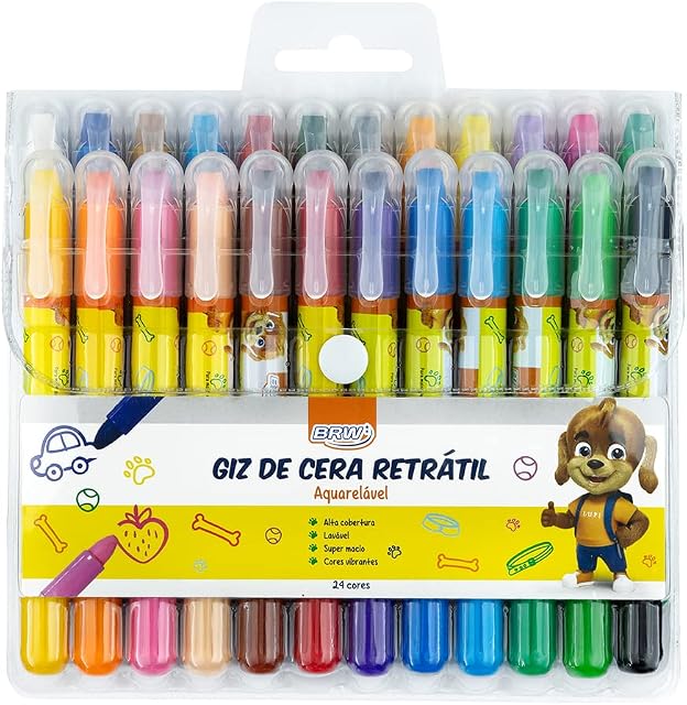 Giz de Cera Retrátil Aquarelável com 24 Cores, BRW