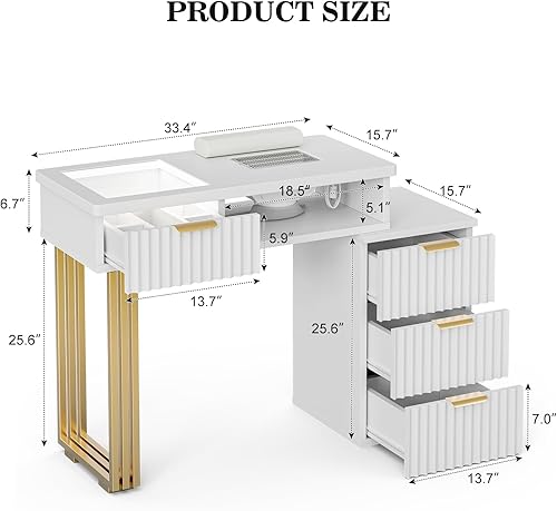 Miniatura 2 de Paddie Mesa de manicura para tecnología de uñas con colector de polvo, estación de escritorio de uñas con 4 cajones y luces LED, estación de trabajo