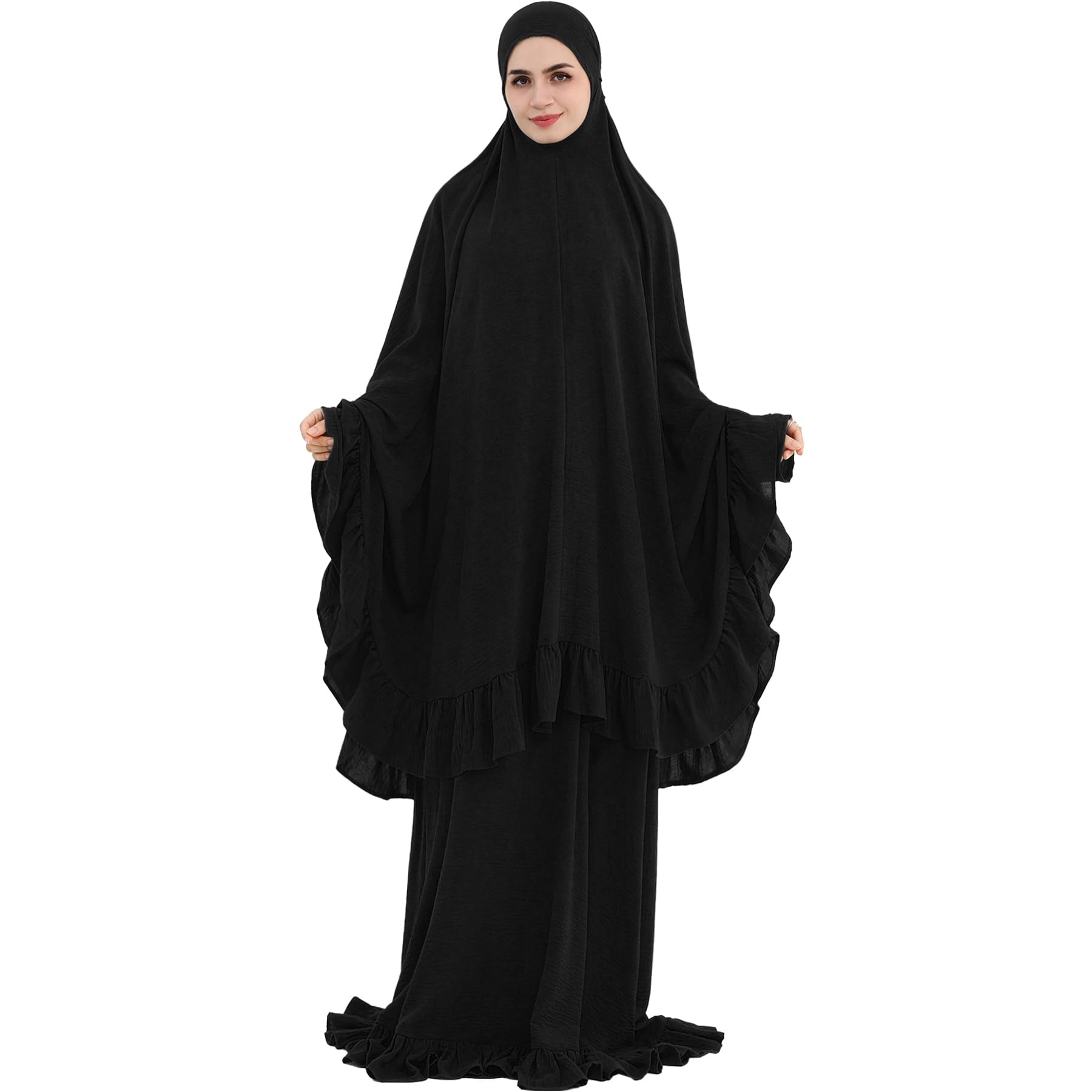 khalat 2PCS Abayas für Frauen Muslimisches Kleid mit gerüschtem Saum Bescheidenes Gebetsgewand Vollständig bedeckendes bescheidenes Jilbab-Set