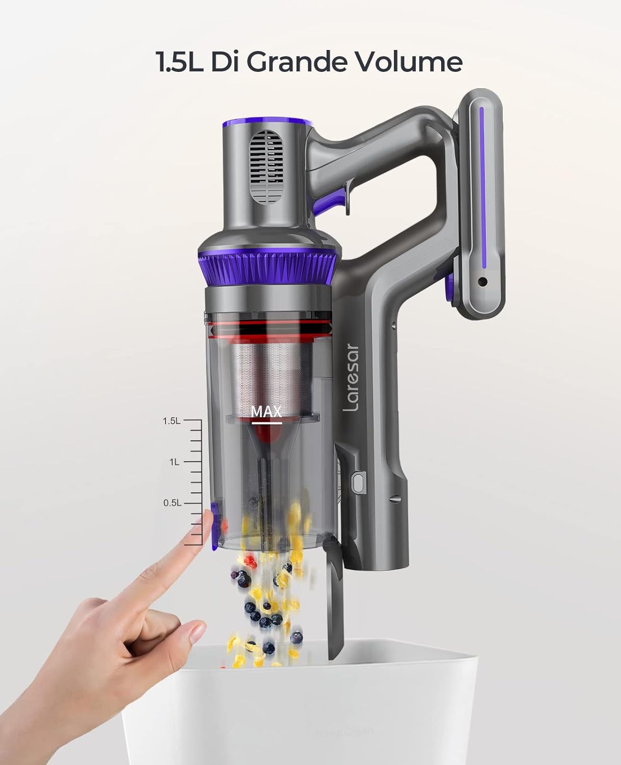 Laresar Aspirapolvere Senza Fili 400W/33000pa Scopa Elettrica Senza Fili Potente con Display Touch Autonomia 50 Minuti, Anti-Avvolgimento Aspirapolvere Senza Fili, Pulizia dei Bordi, 1.5L【Elite 3】 [Classe di efficienza energetica A+++]