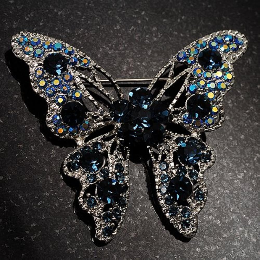 Deslumbrante Broche De Mariposa De Cristal Azul Marino (tono Plateado), Sin Tipo De Metal, Diamante