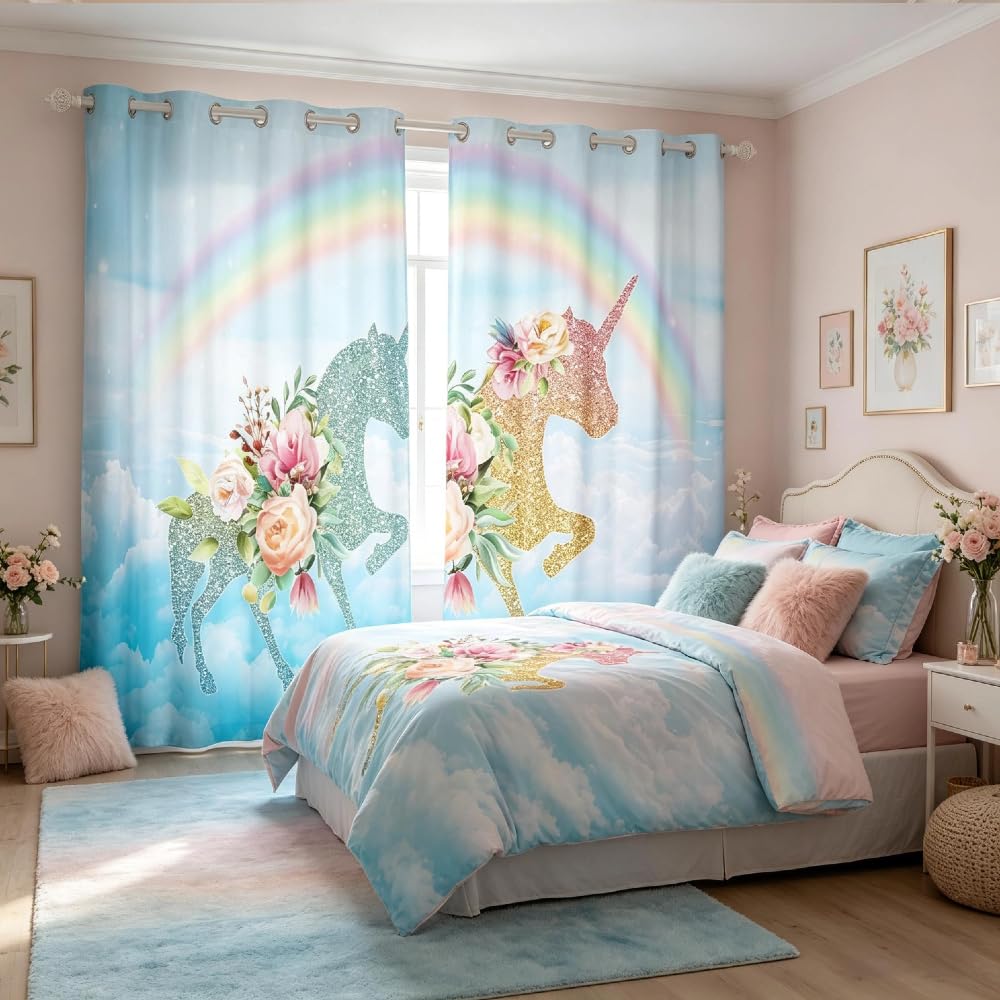 Loussiesd Home Kids Girls Window Curtain Panels,Unicorn Curtains Set Cute Unicorn Rainbow Print Curtain for Teen Toddler, Floral Glitter Blue Room Décor, Unicorn Window Treatments Drapes W66*L90 — image 1