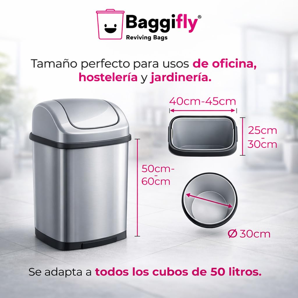Baggifly, Bolsas de Basura 50L, 100 Bolsas Súper Resistentes, 100% Recicladas, Cierra Fácil, ECO Friendly, Hogar, Oficinas y Hostelería, Pack 5 x 20, Fabricado en España