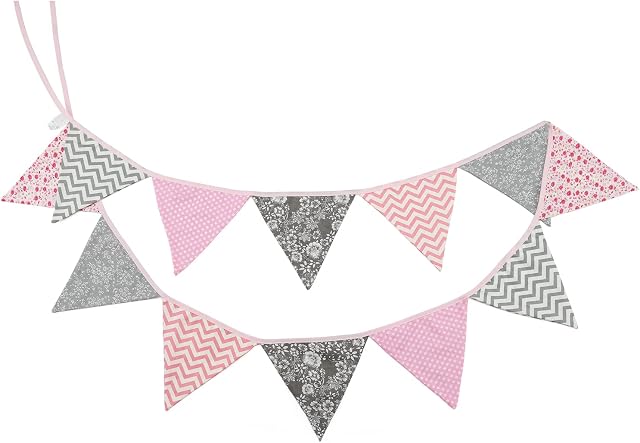 G2PLUS Double Sided Fabric Bunting Banner 3.3M Two Layer Flag Banner with 12 Triangle Pennants Vintage Cloth Garlands Shabby Chic Decoration for Bedroom Birthday Parties (Pink and Gray)