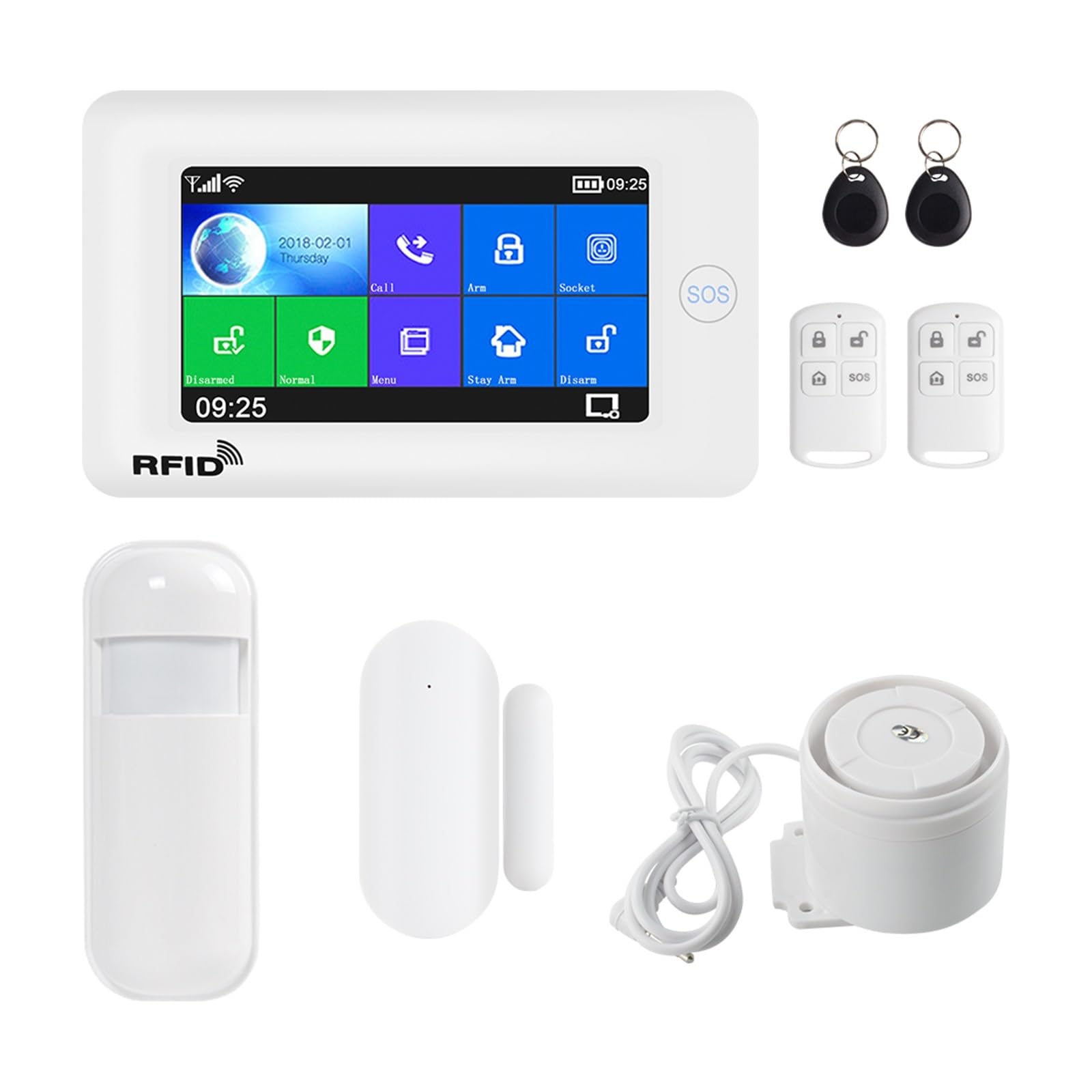 Sistema de Alarma, El Equipo Elegante del De Alarma Ladrón La Seguridad Hogar gsm Desarma Brazo Control Remoto Pantalla Táctil 4,3 Pulgadas(Solar Outdoor Siren)