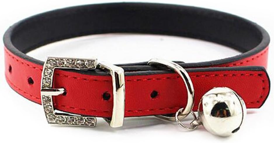 Red PU Soft Touch Collars Leather Padded Dog Collar Sparkly Crystal Studded Rhinestones with Bell for Small Dogs Puppy