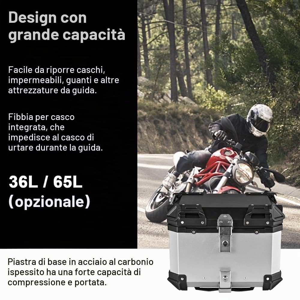 Bauletto in Lega di Alluminio da 65 Litri per Moto - Vano Portaoggetti Posteriore a Sgancio Rapido, Impermeabile e Ammortizzante - Con 2 Chiavi e Adesivo Riflettente