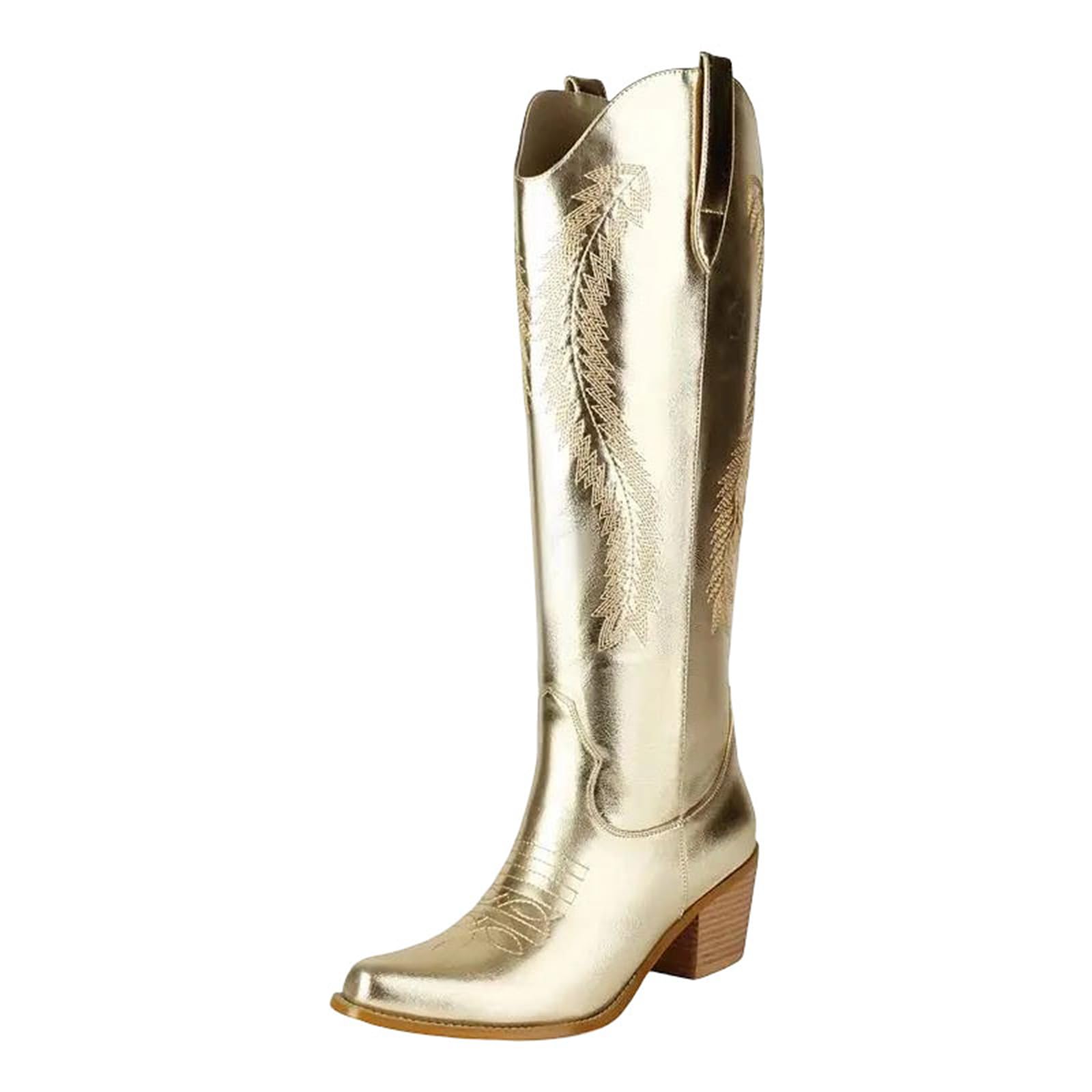 Womens Western Knee High Boots Square Toe Med Block Heel Side Zipper With Classic Decorative Embroidery