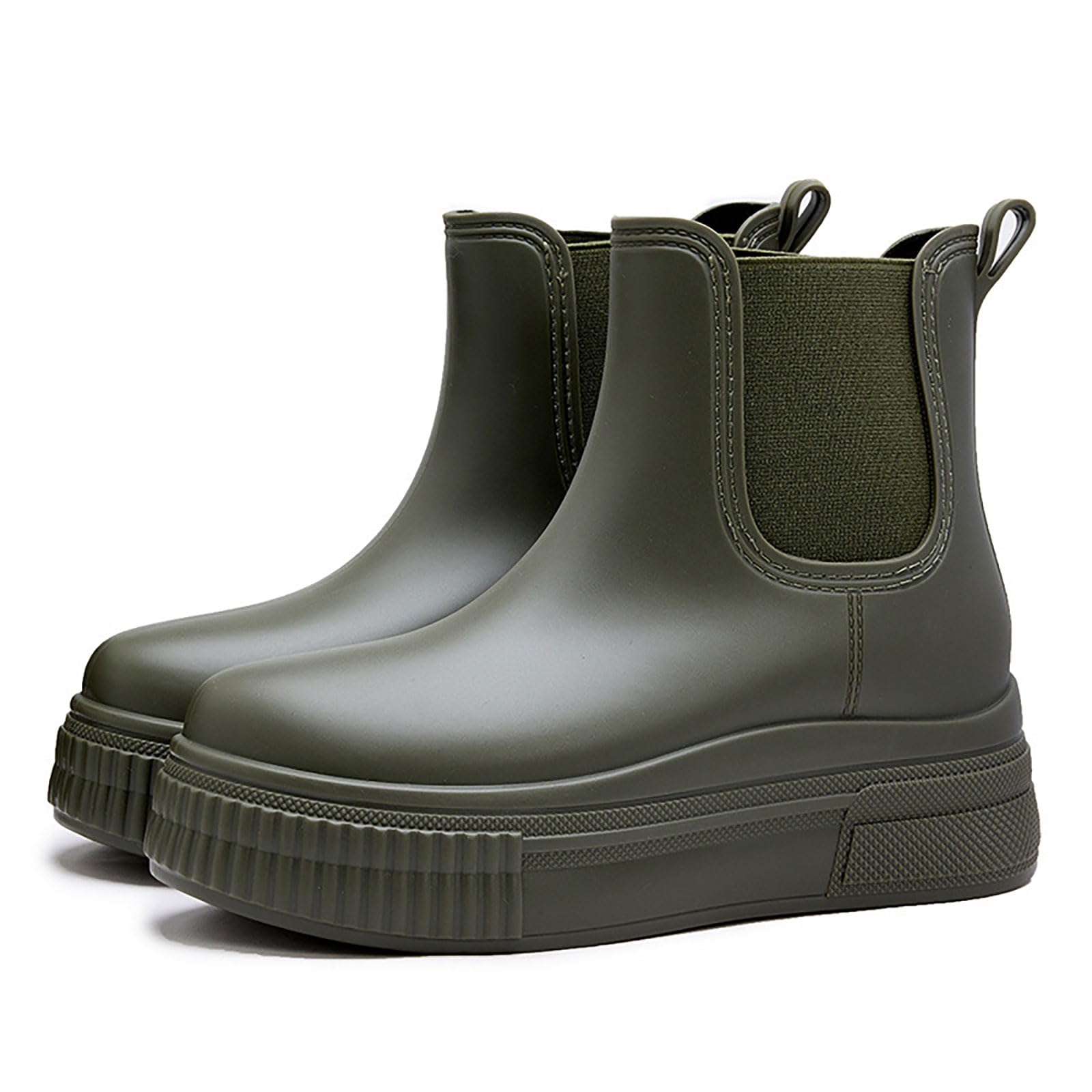 Womens PVC Chunky Platform Ankle Rain Boots Waterproof Slip On Anti-slip Chelsea Boots Comfort Wide-leg Elastic Band Outdoor