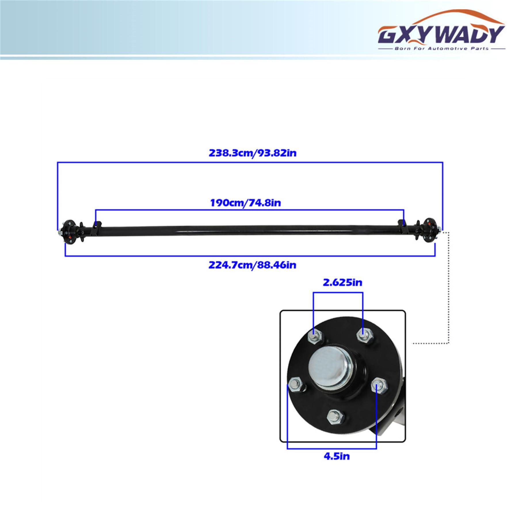 GXYWADY 3500lbs Trailer Axle 5 Lug 4.5 Inch Trailer Axle 89 Inch Hub Face 76 Inch Wide Frame with U Bolt Kit