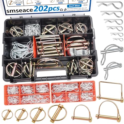 smseace 202Pcs Hitch Pins Clip Trailer Pins 15-Sizes Tractor Pins for Trailers Accessories,Farm Equipment, Lawnmower, Snowplow, Lawn Garden in Three-Point Accessories