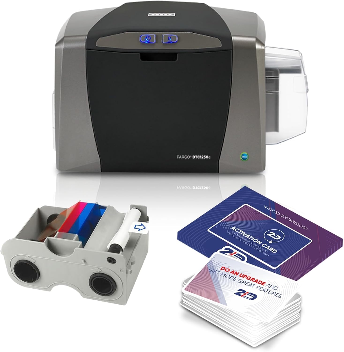 2ID Fargo DTC1250e Stampante per badge su un lato e pacchetto completo di forniture | Include software di produzione di carte per principianti per documenti scolastici, carte di accesso aziendali e