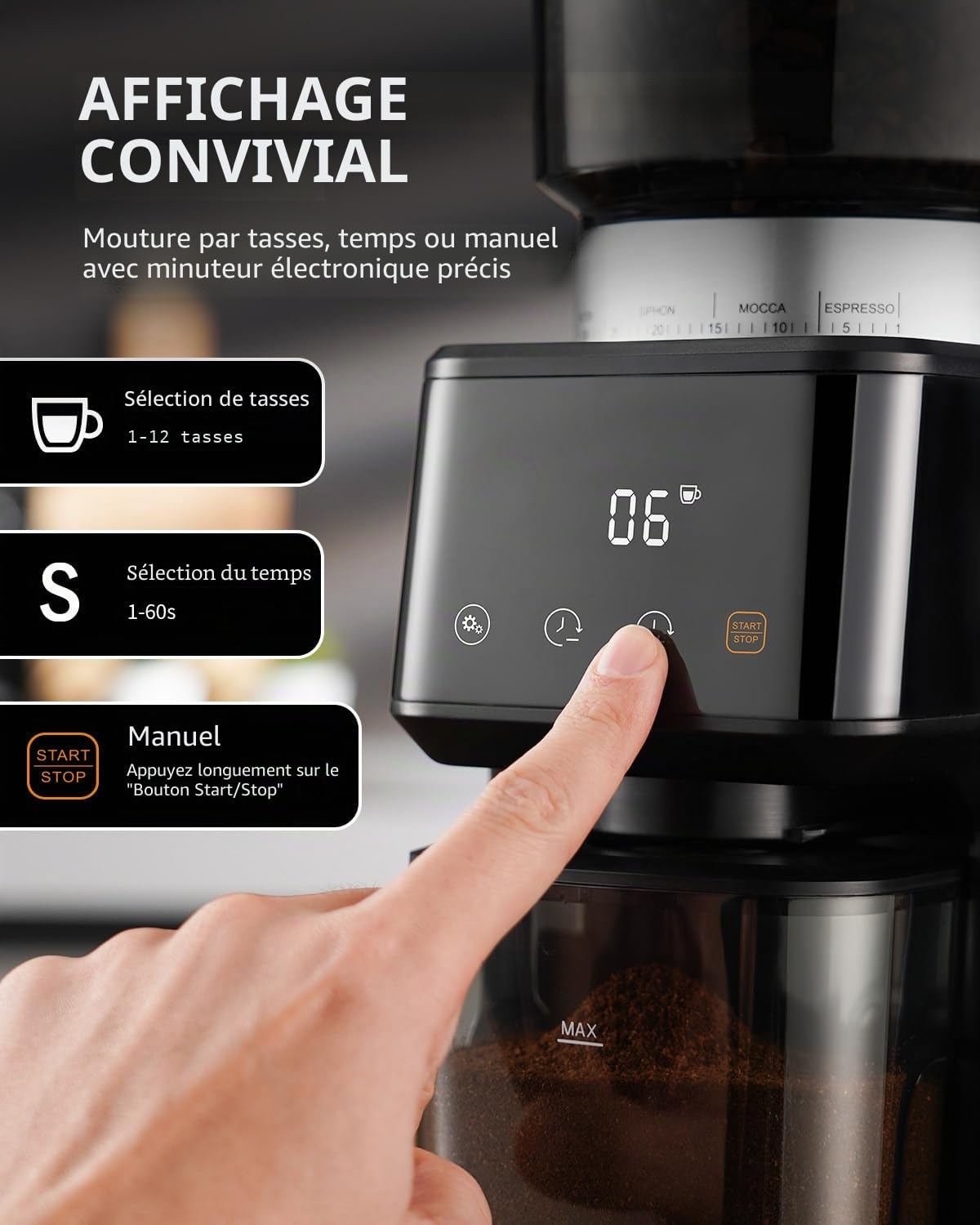 SHARDOR Moulin à Café éLectrique à Cône, 51 RéGlages De Mouture Fine Moulin à Café, Acier Inoxydable Avec RéGlage De La Tasse Et De L'Heure, Reconnaissance Automatique Du Porte-Filtre, écran LCD