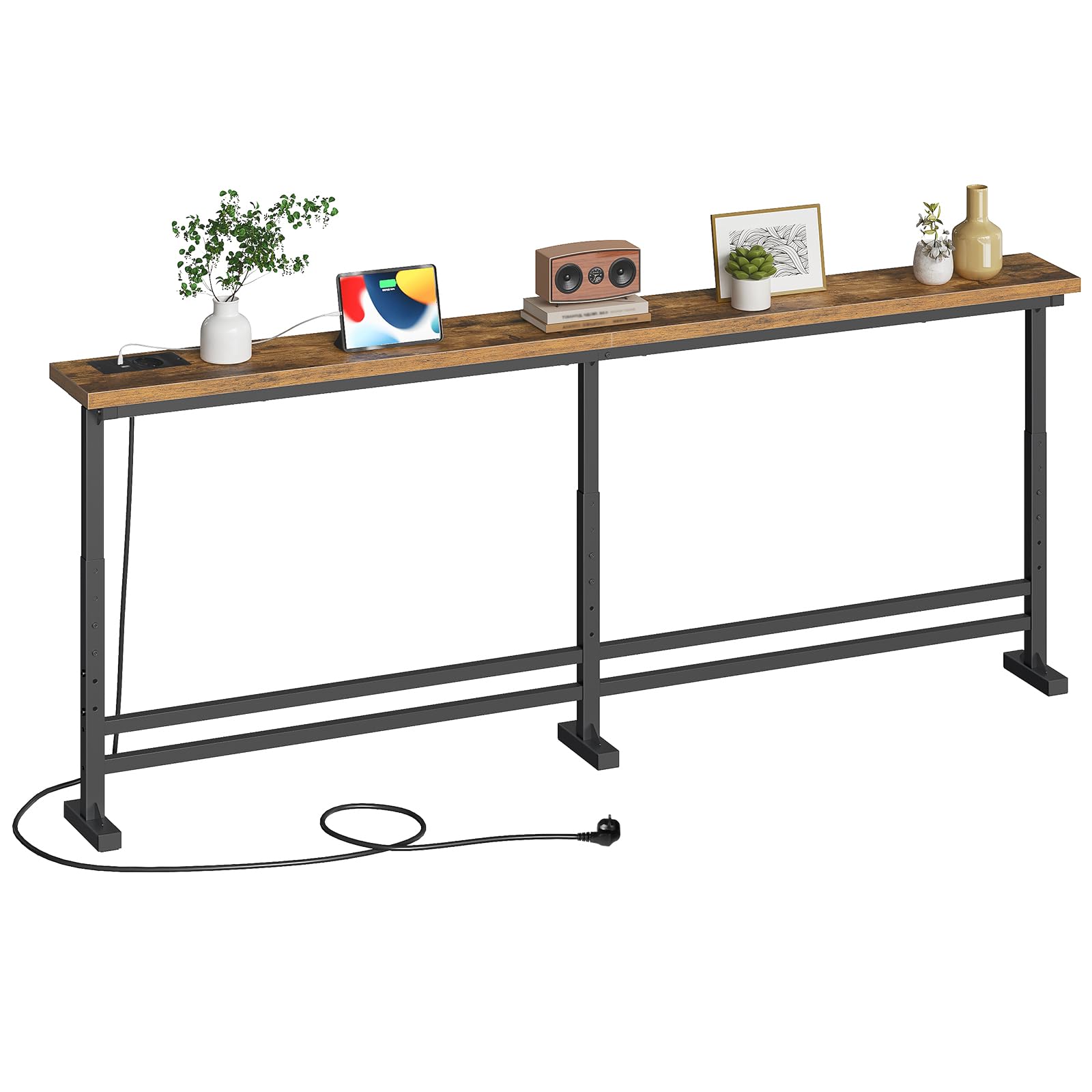 YATINEY Table Console Longue de 180cm, avec Multiprise, Bout de Canapé Fin, Table de Canapé Étroite et Longue, avec 1 Prise CA, 1 Port USB, 1 Port USB-C, pour Salon, Marron Rustique et Noir, XCT08CBR