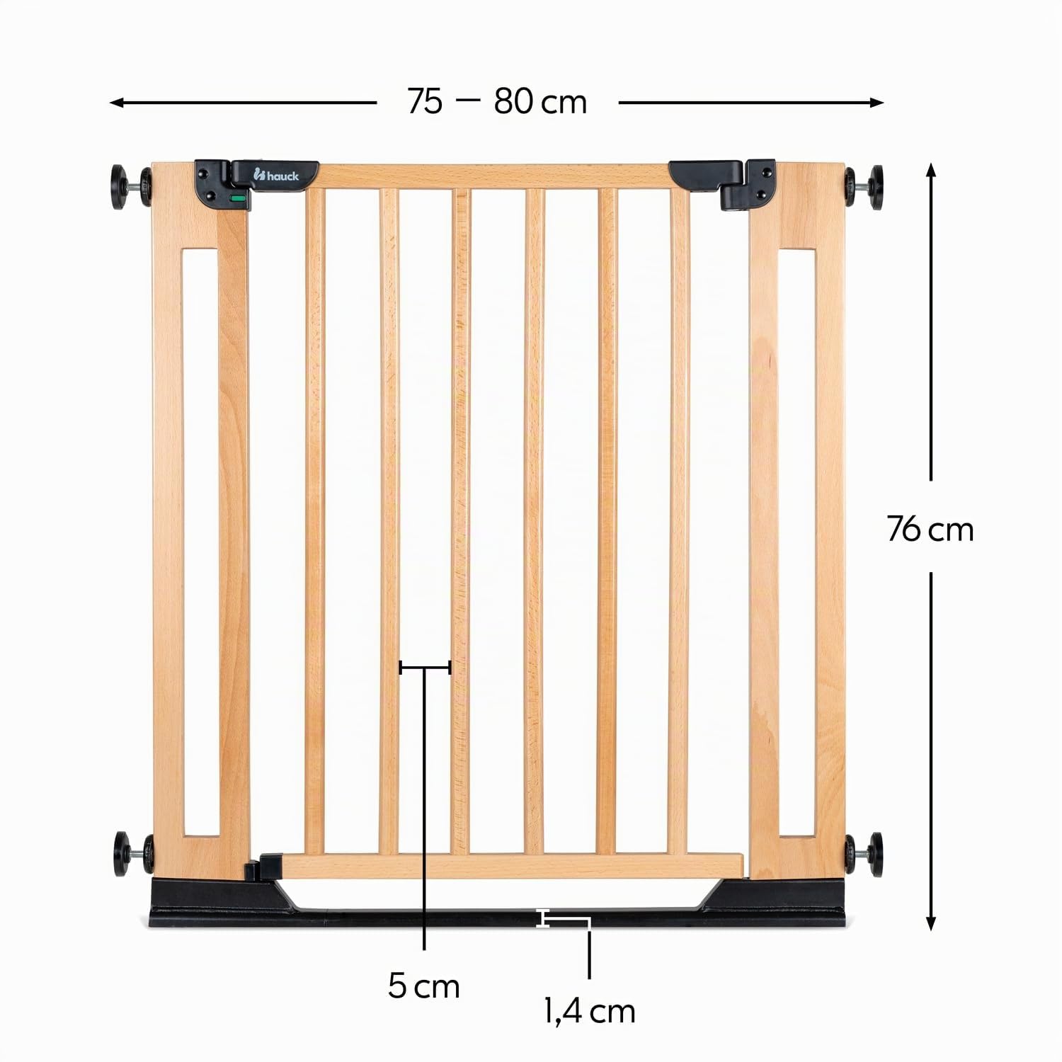 hauck Clear Step Easyclose Eco, Legno di Faggio - Cancelletto di Sicurezza Porte e Scale Interno per Bambini e Cani - Regolabile 75-80 cm con Viti Incluse - Alto 76 cm - Fissaggio Stabile con Fori
