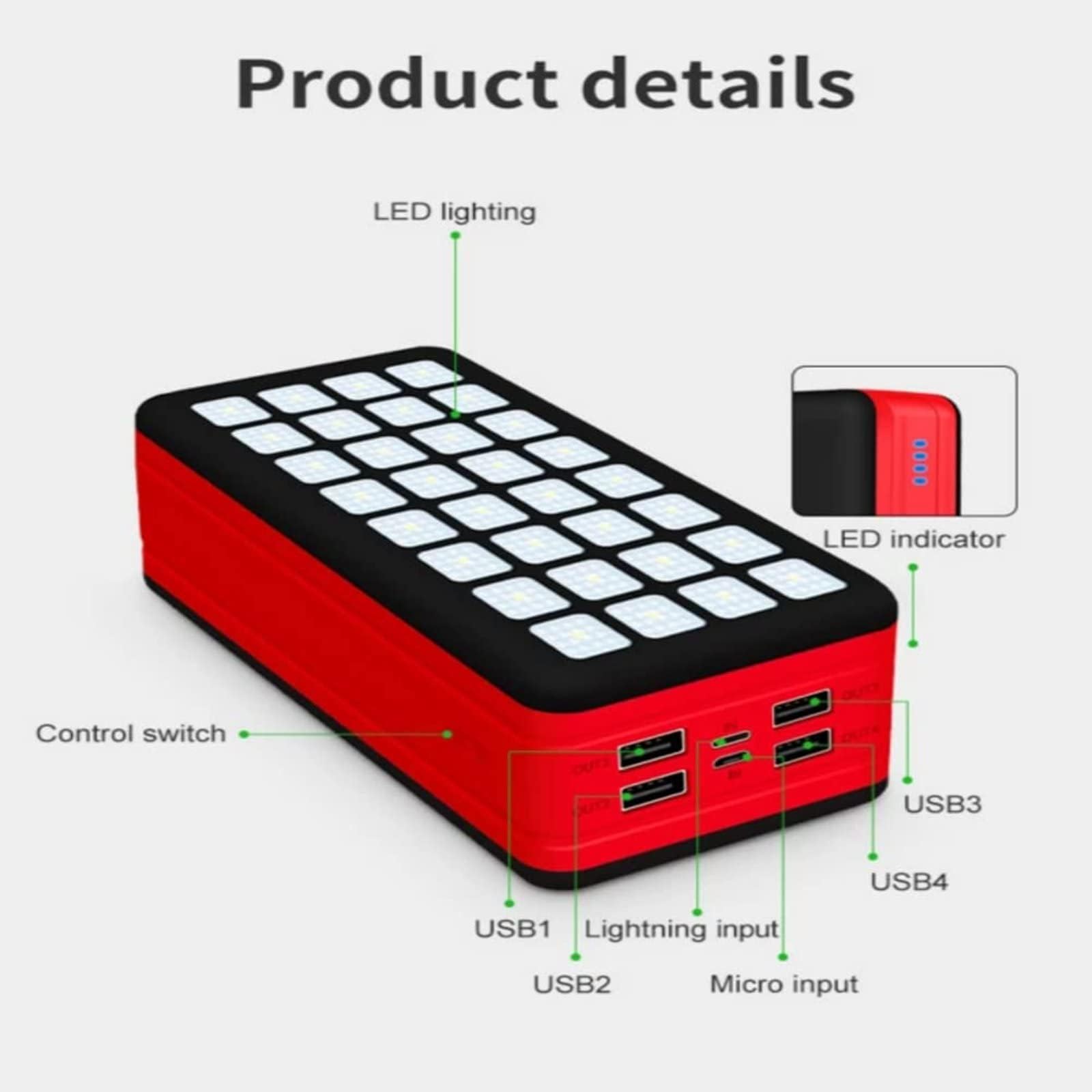 Banco De Energía De 50000 Mah, Linterna De 32 LED, Cargador Portátil De 10 W con 4 Salidas USB Y 2 Entradas, Batería Externa De Gran Capacidad para Teléfonos Y Dispositivos Móviles.