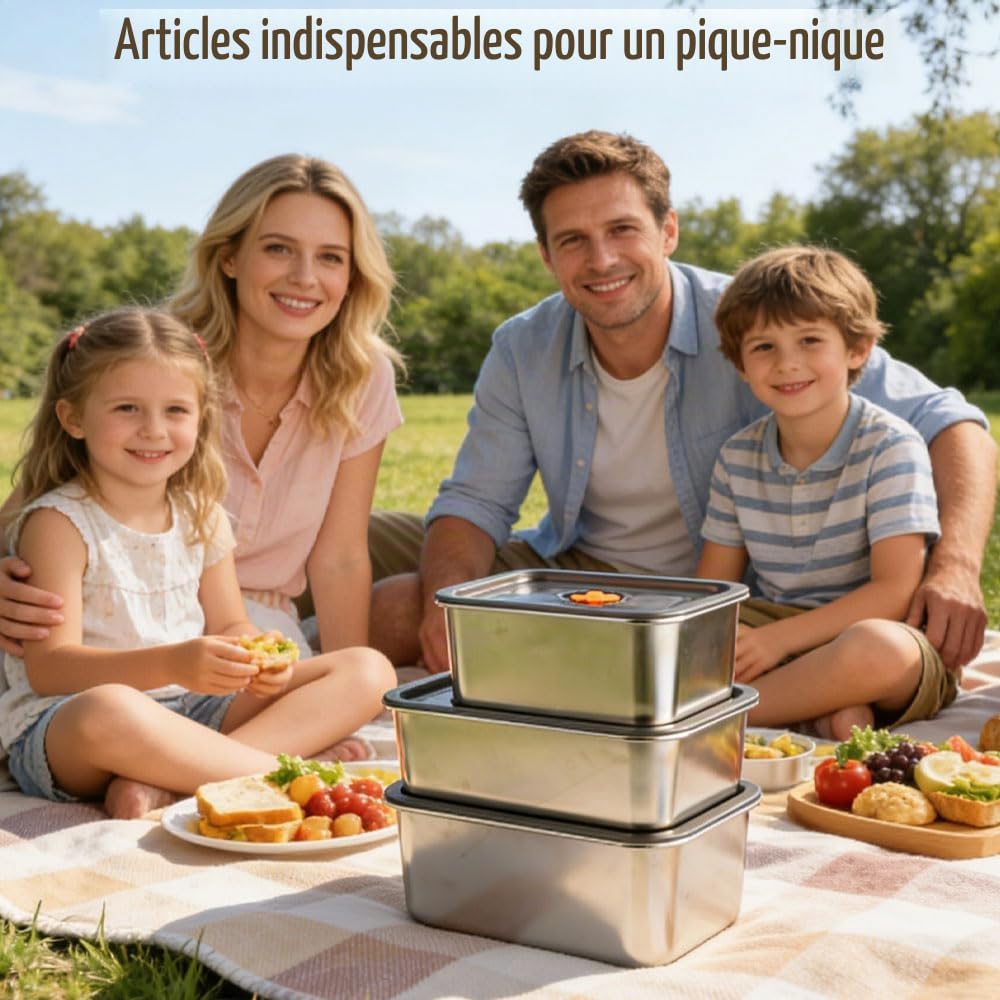 3Pcs Boites Alimentaires en Inox Bac Alimentaire avec Couvercle | Boite Congélateur Réutilisables Empilables pour Réfrigérateur, Restaurant, Cuisine (3000ml+4500ml+5500ml)