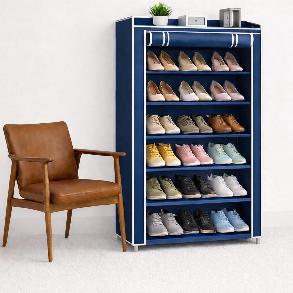 6 Layer Shoe Rack for Home | Portable & Foldable Shoe Organizer Stand | Dustproof Cover | Space Saving Shoe Storage Rack for Bedroom, Hall & Entryway (Black) (BLUE)