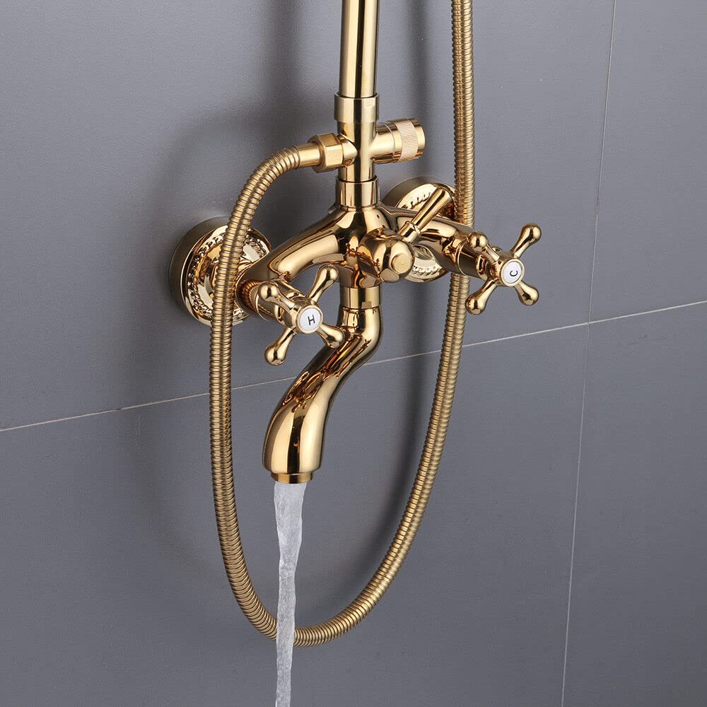 Grifo de Ducha Redondo Retro - Sistema de Lluvia y Mano Con Altura Ajustable - Moderno Dorado de Latón Antiguo Para Pared