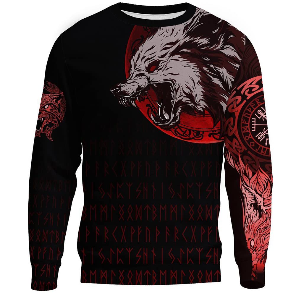 Viking Świąteczna Bluza Kapturem Raven Odin 3D Pełny Nadruk Jesienny Męski Sweter Unisex Bluza Dzień (Rozmiar Amerykański),Viking wolf pullover,L