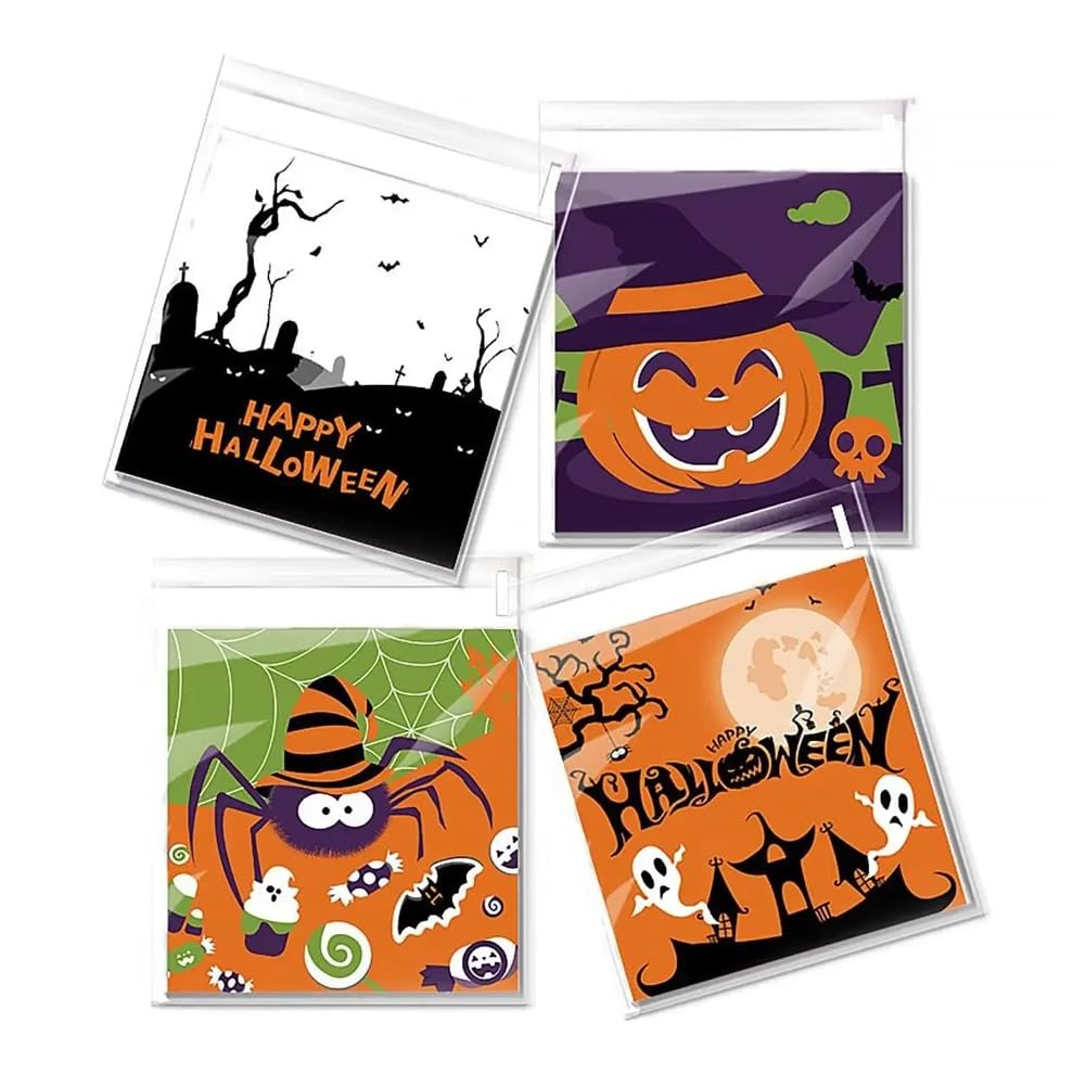 Arfuka 100 Count Cookie Bags Clear Self-Adhesive Cellophane Bags Treat Bags Clear Biscuit Bags Cookie Packaging Bags Plastic Bags With Halloween Pattern For Cookies Sweets
