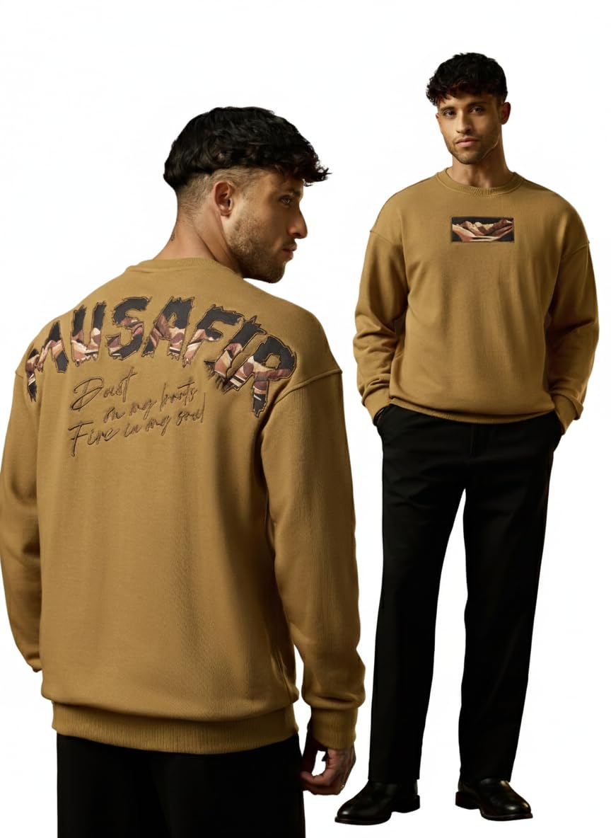 Musafir Men and Boys Long Sleeve Round Neck Brown Embellished Cotton Blend Drop Shoulder Streetwear Trendy Oversized Sweatshirt