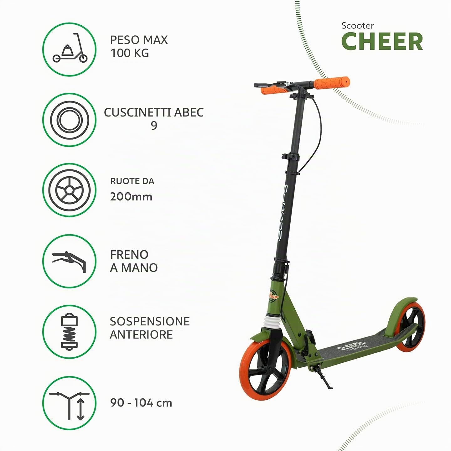 Olsson - Monopattino Cheer, cuscinetti ABEC 9, manubrio con altezza regolabile (90-104 cm), pieghevole, manopole in silicone TPR BMX, sospensione anteriore, poggiapiedi, ruote da 200 mm PU, omologato