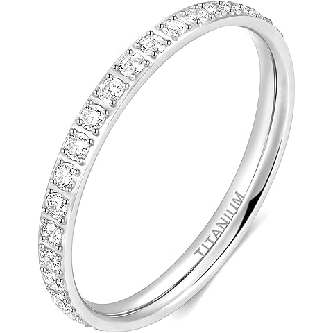 TIGRADE 2mm Women Titanium Eternity Ring Cubic Zirconia Anniversary Wedding Engagement Band Size 3-13.5