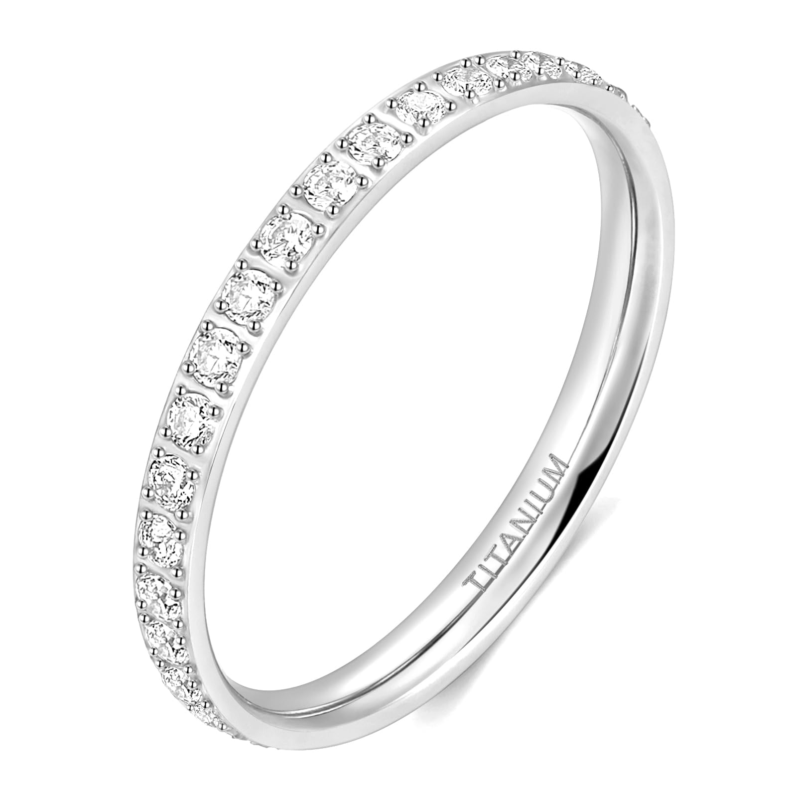 TIGRADE 2mm Women Titanium Eternity Ring Cubic Zirconia Anniversary Wedding Engagement Band Size 3-13.5