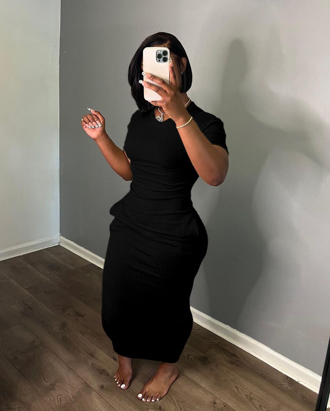 Women's Casual Short Sleeve Dress T Shirt Bodycon Dresses Ribbed V Neck Maxi Sundress Basic Party Club Dress with Pocket - Image 2