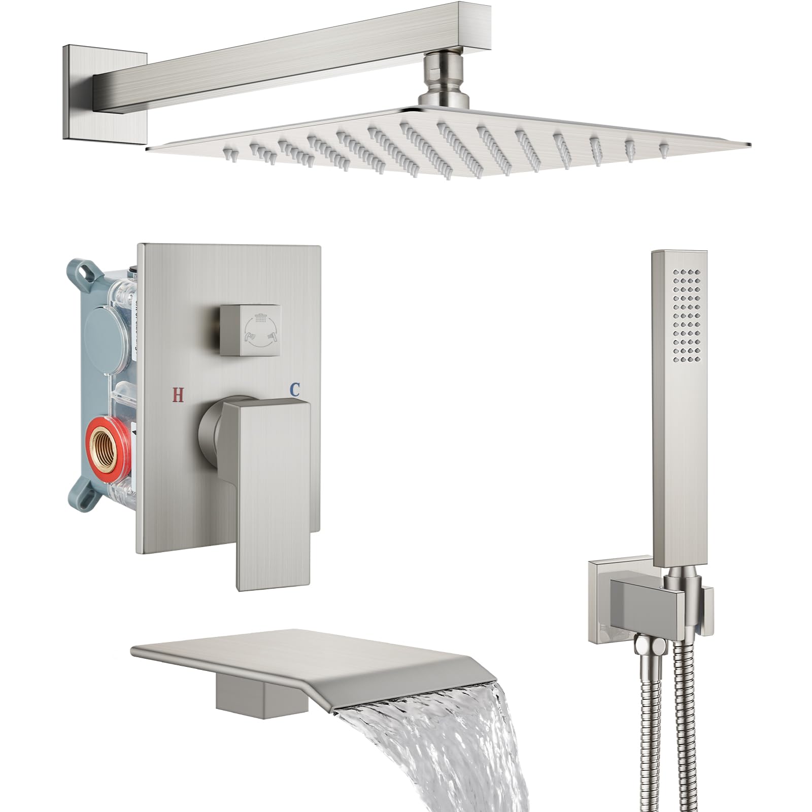 Hcfyauis Brushed Nickel Rain Shower System With Tub Spout,Tub Shower Faucet Set With Rainfall Shower Head And Handheld Spray,Wall Mount Tub Shower Combo Rough-In Valve Included,8 Inch