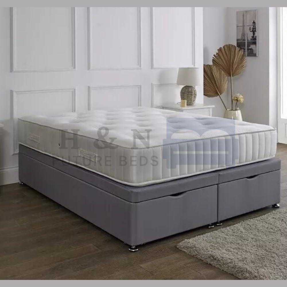 Hard Divan Ottoman Base with chrome legs Linen Fabric | End/Side Lift Storage Bed Base for 3FT, 4FT Double, 5FT King and 6FT Super King (Sage Linen, 3FT Single ( Right Hand Lift Opening ))