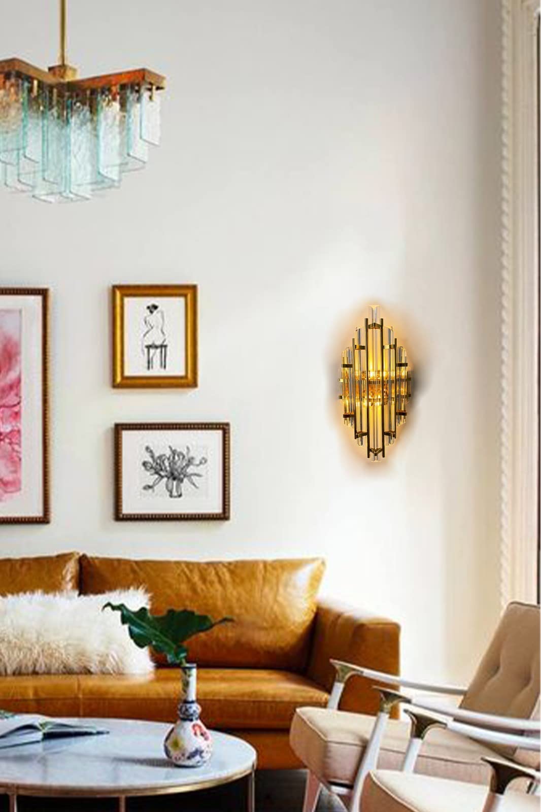bamyum Champion Wandleuchte Gold Farbe 25 x 45 cm, Wandleuchte Innen Kristall Vintage, Wohnzimmer, Wandlampe Glas Schlafzimmer, Groß