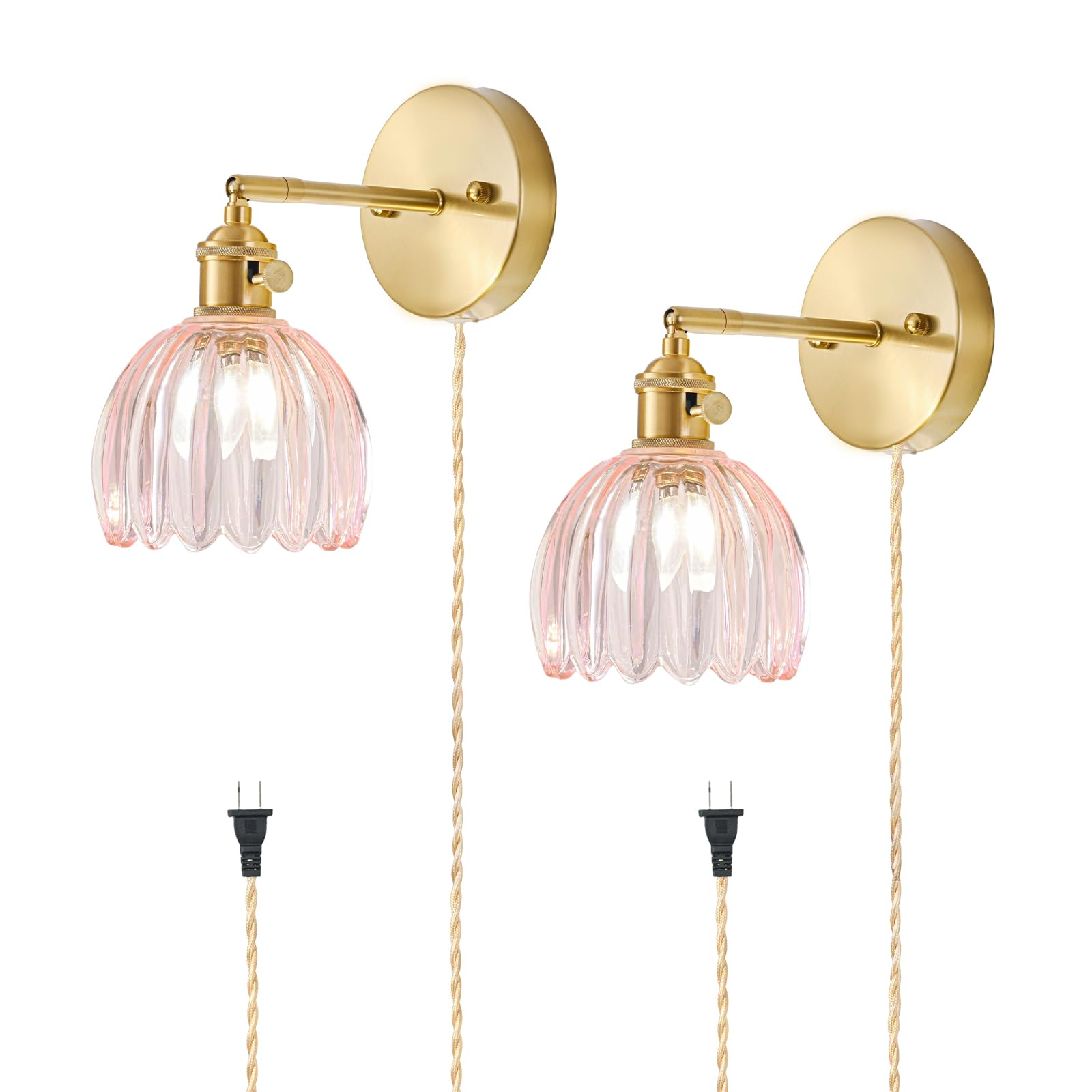 LINSEEDS Plug in Wall Sconces Set of 2, Vintage Wall Sconce Light with Tulip Pink Glass Lampshade, Bedroom Wall Sconce with Switch and Plug in wall lamp Cord, Gold Wall Light Wall Decor Set of 2