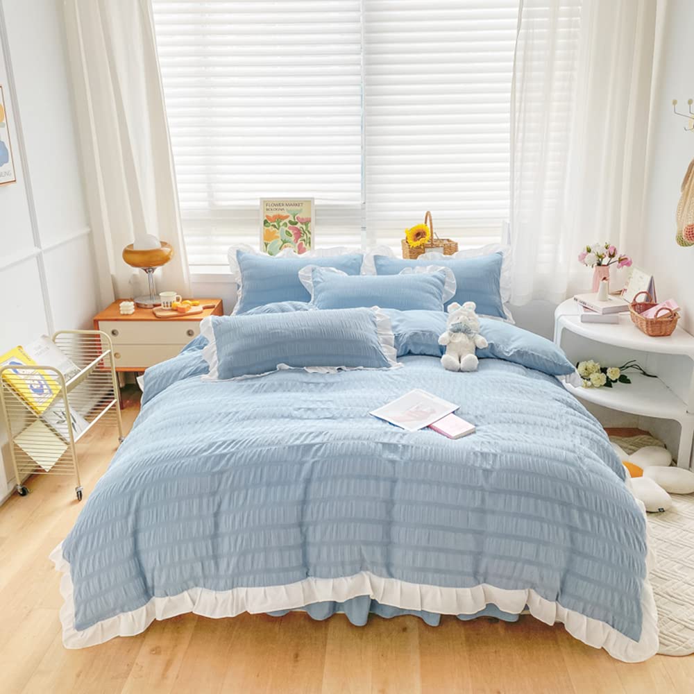 Mengersi Seersucker Duvet Cover Set Full Size,Ruffle Duvet Cover,Boho Chic Ruffled Seersucker Bedding Sets Lightweight Comforter Cover 3PCS (No Comforter),Grayish Blue